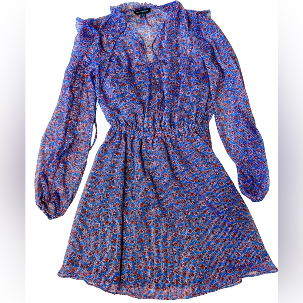 Banana Republic Ruffle Dress Women’s 4 Tall Purple Floral Metallic Prairie